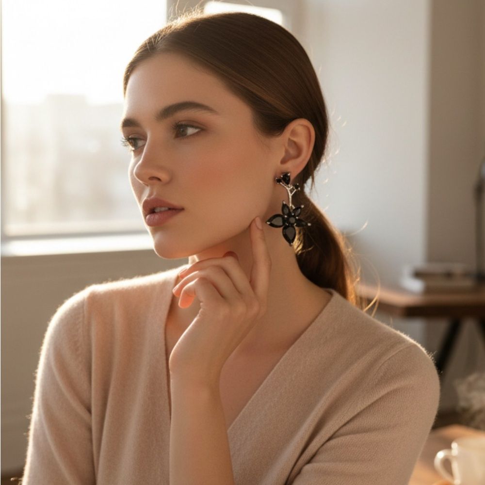 🖤 Black Faceted Floral Drop Earrings | Silver Tone Statement Dangles